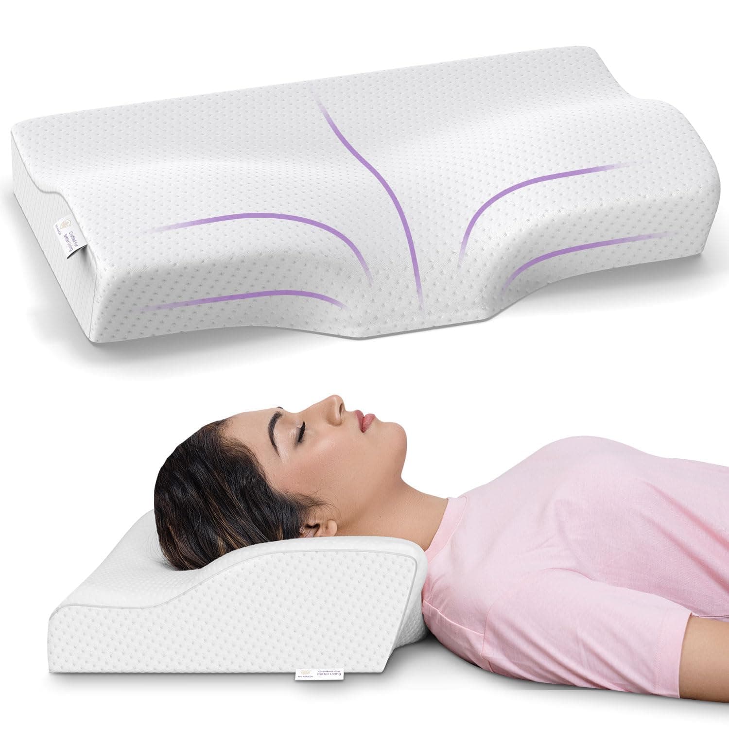 FOVERA Memory Foam Cervical Pillow for Neck Pain | Orthopedic Contour Neck Support Pillow for Sleeping, for Neck and Shoulder Pain, Dual Height (Grey Jacquard Cover, Pack of 1) detail