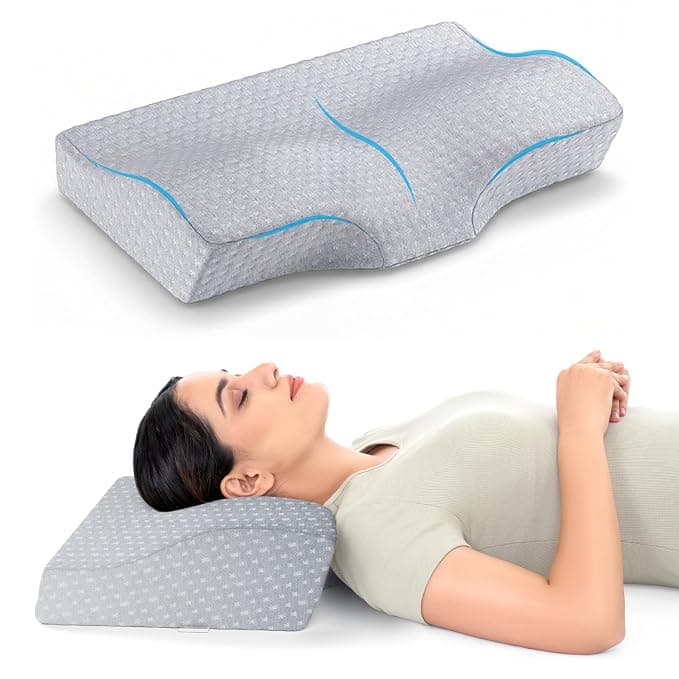 FOVERA Memory Foam Cervical Pillow for Neck Pain | Orthopedic Contour Neck Support Pillow for Sleeping, for Neck and Shoulder Pain, Dual Height (Grey Jacquard Cover, Pack of 1)